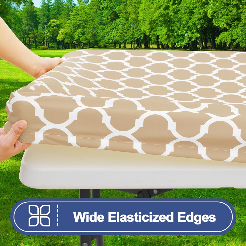 Smiry 2 Pack Rectangle Table Cloth 6 Foot  Waterproof Elastic Fitted Tablecloths  Windproof Washable Polyester Table Cover for Picnic  Camping  Outdoor (Khaki  30""x72"") - Image 3